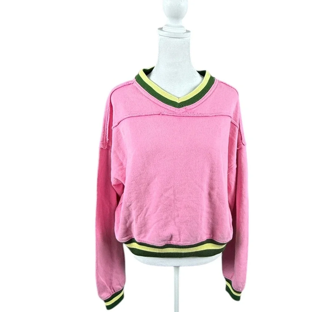 Free People Sweatshirt Womens Medium Pink V-Neck Cropped Striped Trim Boxy Top
